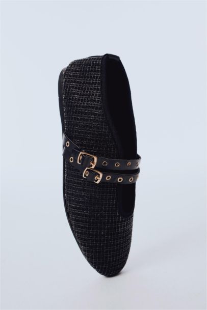 Woman Double Strap Straw Ballerina Flat Shoes