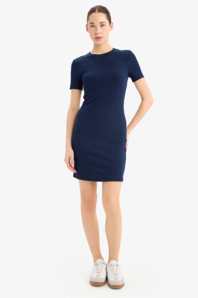 Bodycon Vücudu Saran Bisiklet Yaka Fitilli Kaşkorse Kısa Kollu Mini Elbise