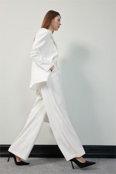 Baggy Fit Fermuarlı Cepli Yüksek Bel Standart Boy Kumaş Palazzo Pantolon