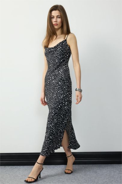 Patterned Slit Adjustable Straps Satin Midi Dress