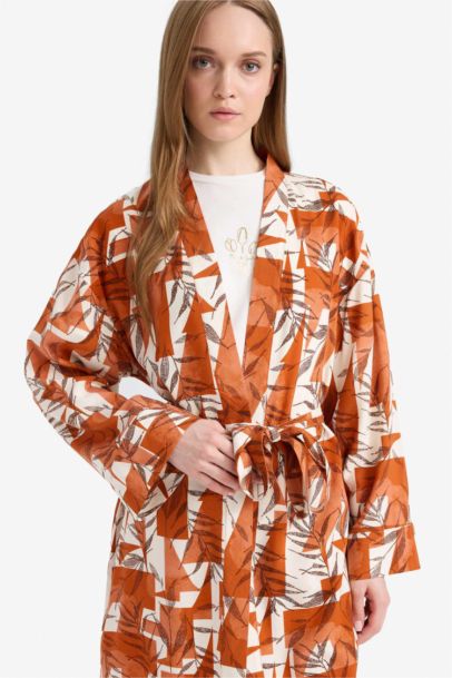 كيمونو فلورال فيسكوز قصة مريحة بياقة مستديرة برتقلي غامق