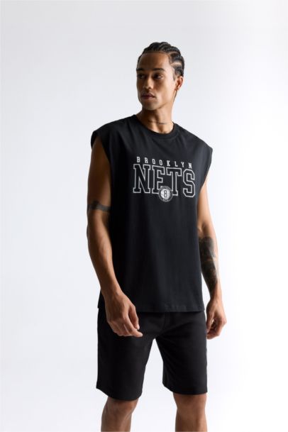 %100 Pamuk NBA Brooklyn Nets Oversize Geniş Kalıp Bisiklet Yaka Atlet