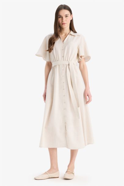 Shirt Collar Linen Blended Butterfly Sleeves Dress