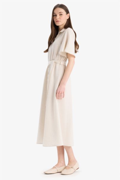 Shirt Collar Linen Blended Butterfly Sleeves Dress