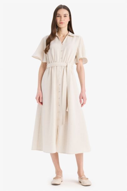 Shirt Collar Linen Blended Butterfly Sleeves Dress
