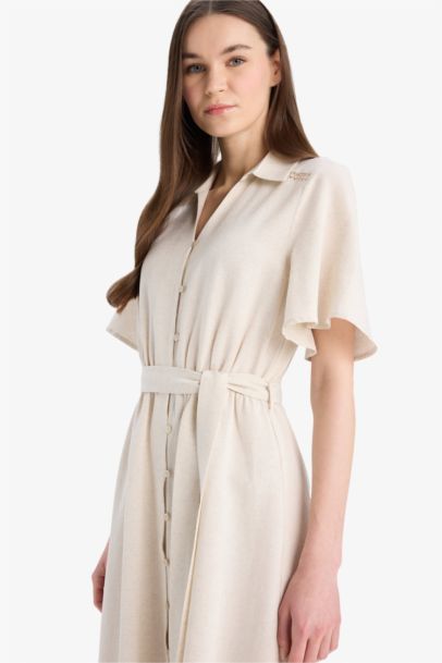 Shirt Collar Linen Blended Butterfly Sleeves Dress