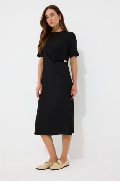 Regular Fit Crew Neck Basic Crepe Midi Dress