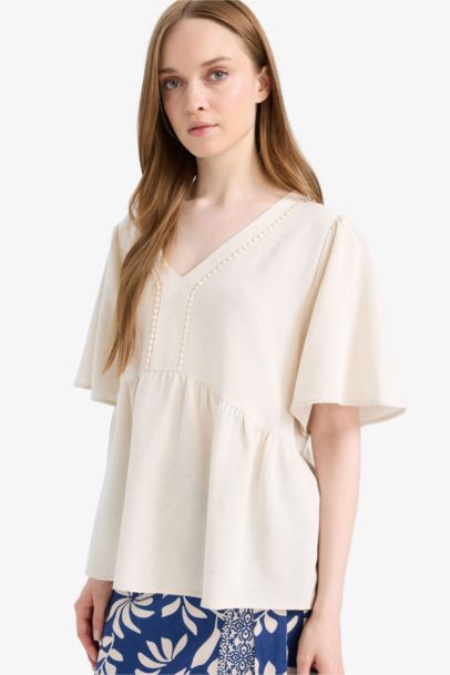 Regular Fit V Neck Linen Blend Long Sleeve Blouse