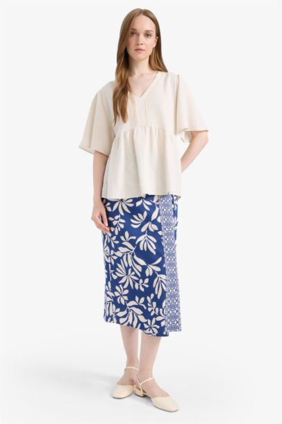 Regular Fit V Neck Linen Blend Long Sleeve Blouse