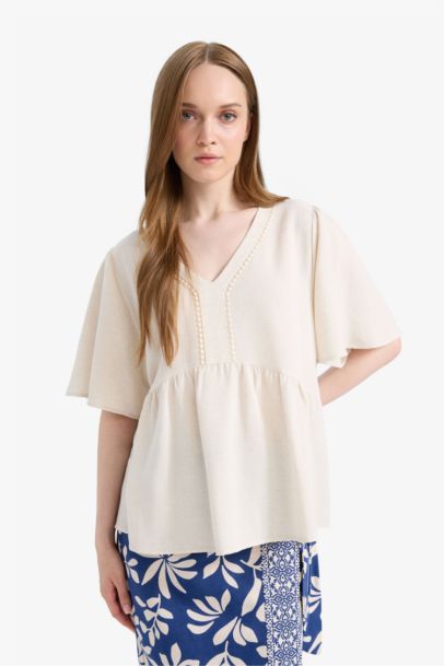 Regular Fit V Neck Linen Blend Long Sleeve Blouse