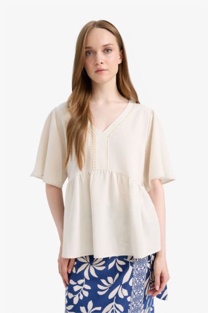 Regular Fit V Neck Linen Blend Long Sleeve Blouse