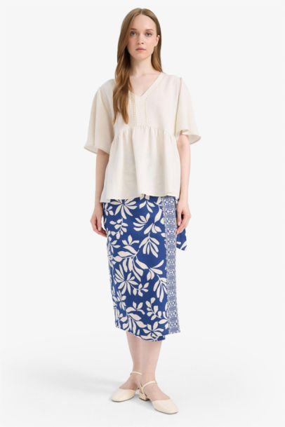 Regular Fit Patterned Linen Blend Midi Skirt