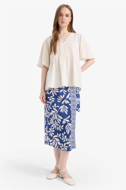 Regular Fit Patterned Linen Blend Midi Skirt