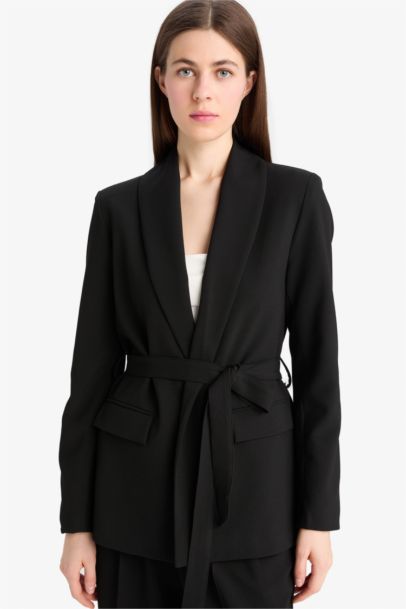 Regular Fit Kuşaklı Basic Düz Blazer Ceket