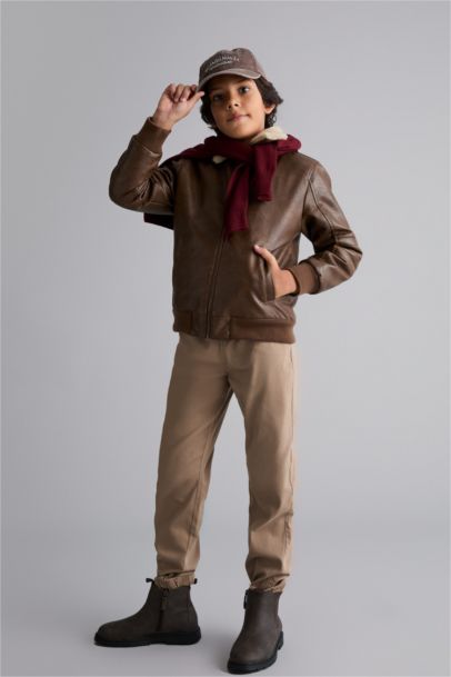 Boy Polo Collar Plush Faux Leather Jacket