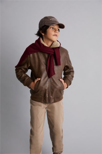 Boy Polo Collar Plush Faux Leather Jacket