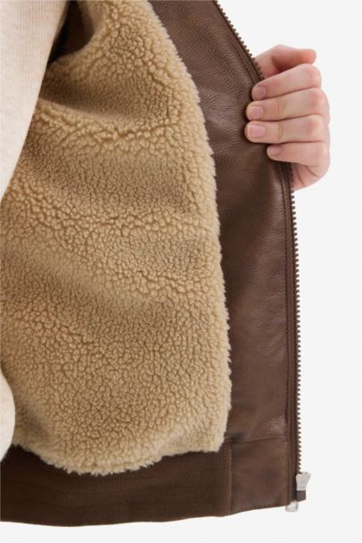 Boy Polo Collar Plush Faux Leather Jacket