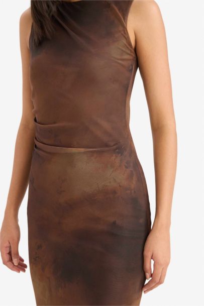 Bodycon Vücudu Saran Bisiklet Yaka Desenli Tül Kolsuz Midi Elbise