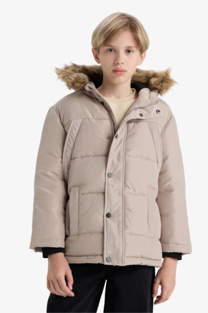 قمصلة نفخ ولادي بغطاء للرأس بياخة فرو صناعي مبطن بالصوف