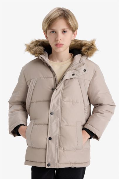 قمصلة نفخ ولادي بغطاء للرأس بياخة فرو صناعي مبطن بالصوف