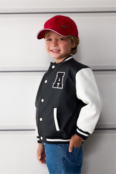 Erkek Bebek Su Geçirmez Kolej Yaka Nakışlı Cepli Çıtçıtlı Bomber Mont