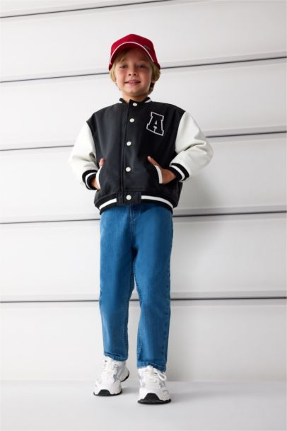 Erkek Bebek Su Geçirmez Kolej Yaka Nakışlı Cepli Çıtçıtlı Bomber Mont