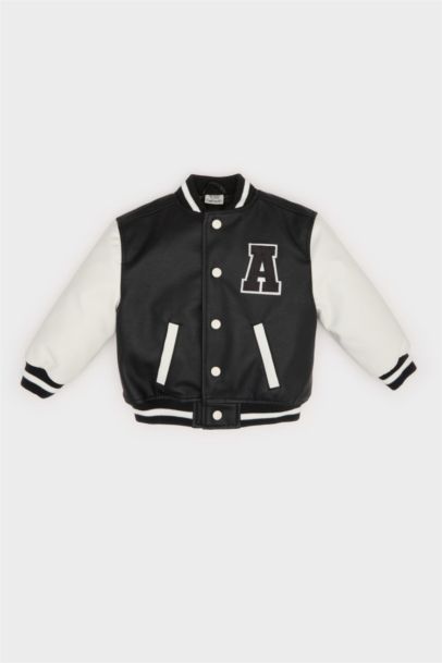 Erkek Bebek Su Geçirmez Kolej Yaka Nakışlı Cepli Çıtçıtlı Bomber Mont