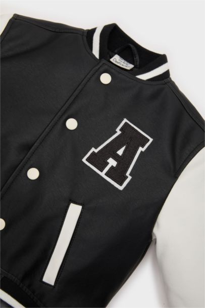 Erkek Bebek Su Geçirmez Kolej Yaka Nakışlı Cepli Çıtçıtlı Bomber Mont