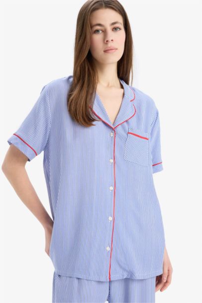 Pijama Takımı Viskon Kısa Kollu Üst Beli Lastikli Uzun Alt