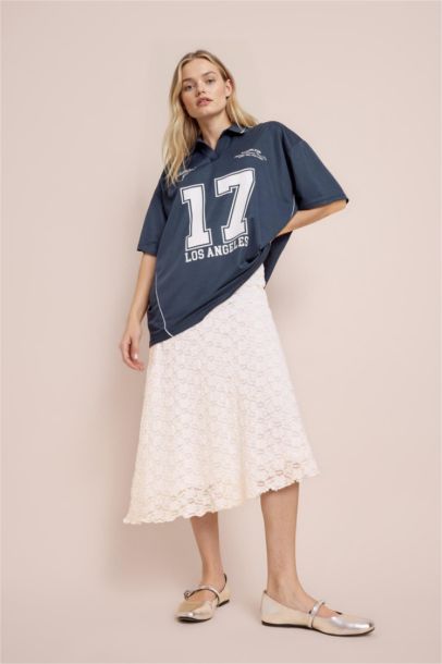 A Form Normal Waist Combed Cotton Lining Lace Midi Skirt