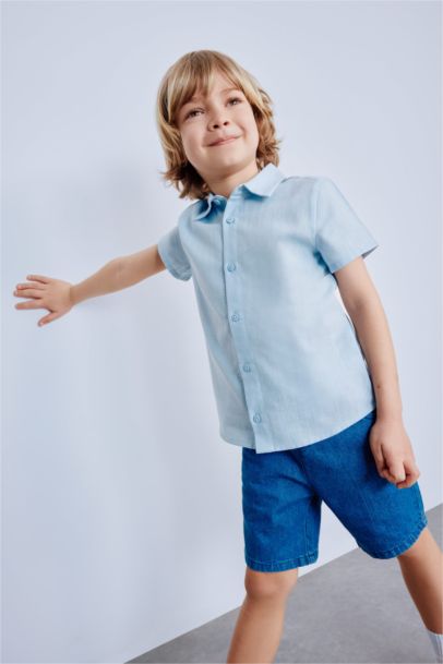 Baby Boy Crew Neck Flam Poplin Short Sleeve Shirt