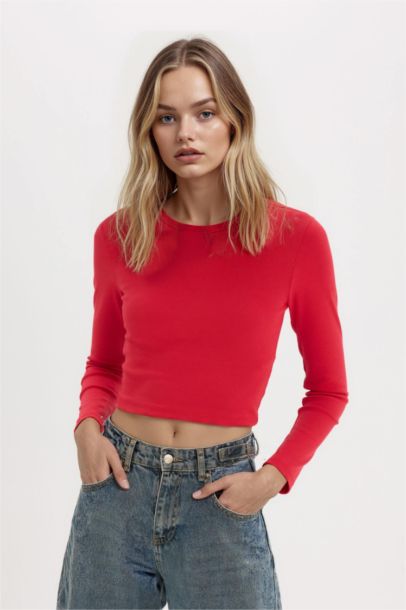 Fitted Basic Ribbed Long Sleeve Red T-Shirt