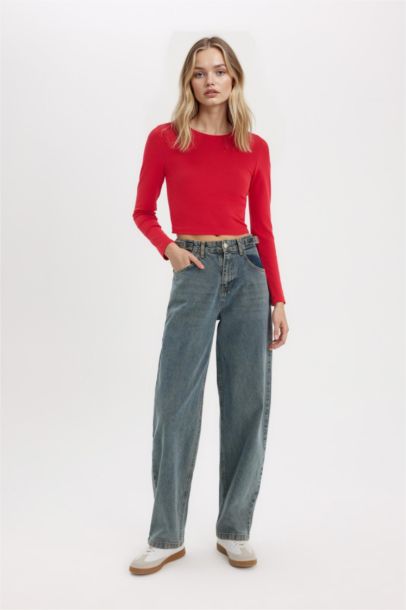 Fitted Basic Ribbed Long Sleeve Red T-Shirt