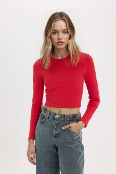 Fitted Basic Ribbed Long Sleeve Red T-Shirt