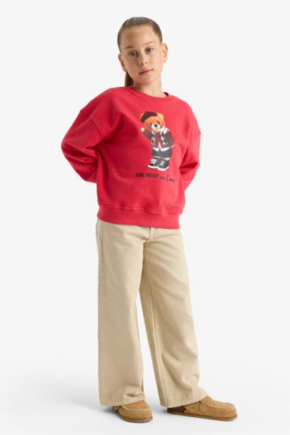 Oversize Geniş Kalıp Bisiklet Yaka Baskılı Sweatshirt Kız Çocuk