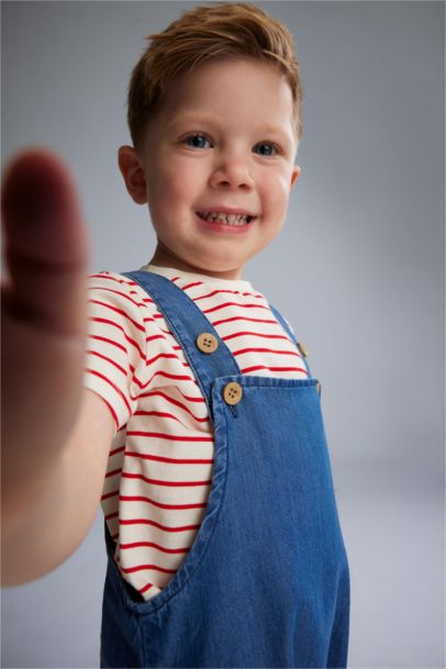 2'li Takım Çizgili Kısa Kollu Tişört Jean Salopet Tulum Erkek Bebek