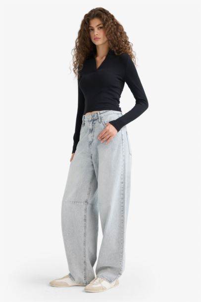 Fitted Polo Neck Basic Modal Black T-Shirt