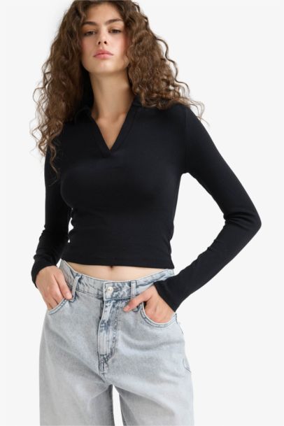 Fitted Polo Neck Basic Modal Black T-Shirt