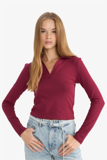 Fitted Polo Neck Basic Modal T-Shirt