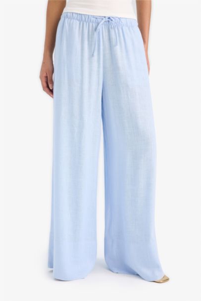 Wide Leg Elastic Waist Midi Linen Trousers