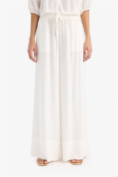Wide Leg Elastic Waist Midi Linen Trousers