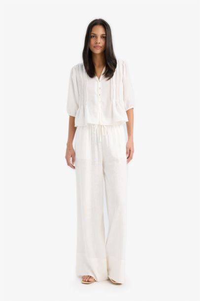 Wide Leg Elastic Waist Midi Linen Trousers