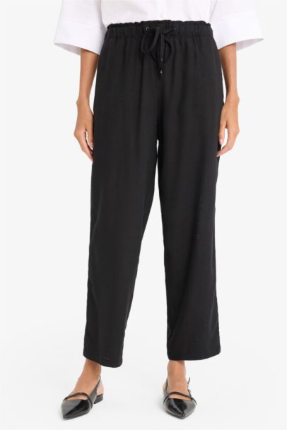 Carrot Fit Elastic Waist Midi Linen Blend Trousers