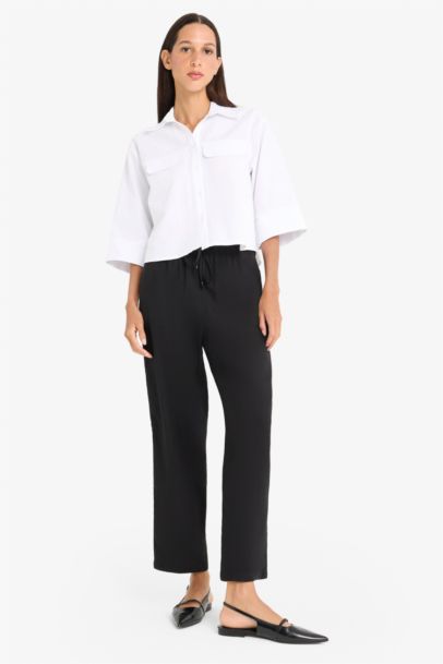 Carrot Fit Elastic Waist Midi Linen Blend Trousers