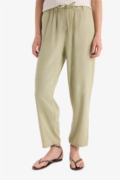 Carrot Fit Elastic Waist Midi Linen Blend Trousers