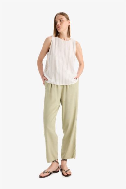 Carrot Fit Elastic Waist Midi Linen Blend Trousers