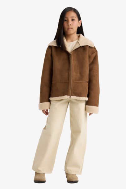 جاكيت بناتي جلد صناعي ببطانة فروية