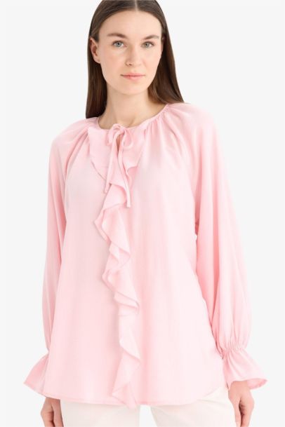 Crinkle Fabric Bowtie Long Sleeve Tunic