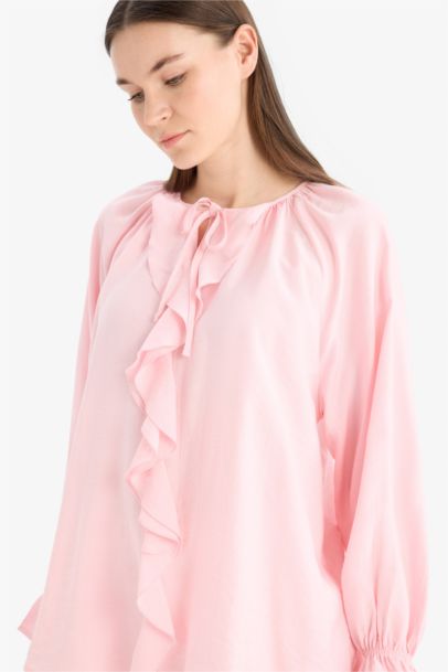 Crinkle Fabric Bowtie Long Sleeve Tunic