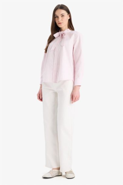 Relax Fit Fiyonk Yaka Çizgili Simli Kumaş Uzun Kollu Tesettür Gömlek Tunik